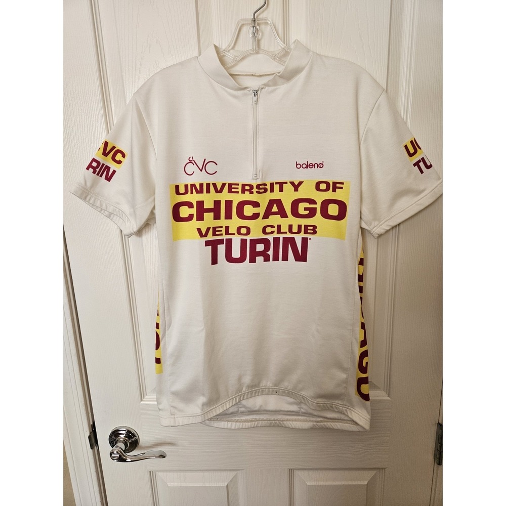 Vtg. Baleno White Cycling Jersey Feat. Univ. of Chicago Velo Club Turin Logo, LG